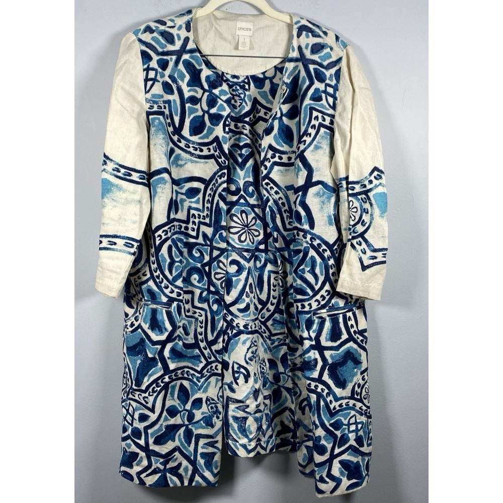 Chicos Blue Beige Cream Artisan Printed Linen‎ Duster Jacket SZ 1  M Open Front